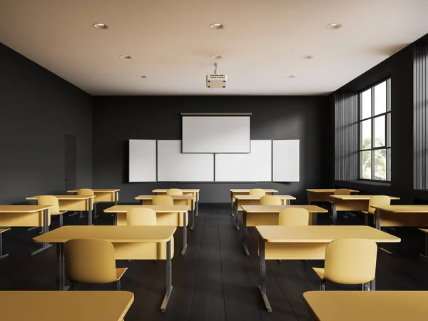 Black and yellow class room interior with desk and chairs in row, mock up empty chalkboard and screen with projector on ceiling. Panoramic window on tropics. 3D rendering