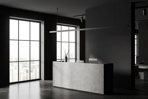 Dunkles Friseursalon Interieur Mit Rezeption Und Dekoration Panoramafenster Von Der — Stockfoto