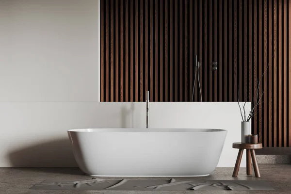 Interior Banheiro Moderno Com Paredes Brancas Madeira Piso Concreto Banheira — Fotografia de Stock