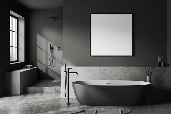 Dark Hotel Bathroom Interior Bathtub Douche Podium Panoramic Window Countryside — Φωτογραφία Αρχείου