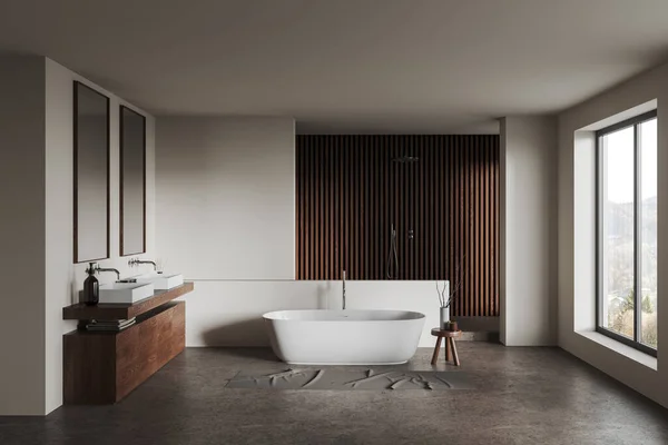 Interior Modern Bathroom White Wooden Walls Comfortable Bathtub Double Sink — Stock Photo, Image
