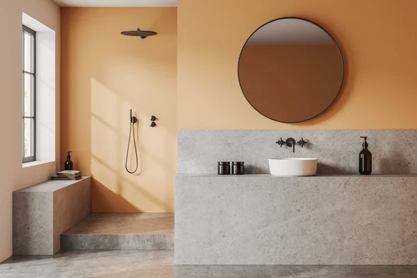 Orange Hotel Bathroom Interior Sink Mirror Douche Podium Partition Panoramic — Zdjęcie stockowe