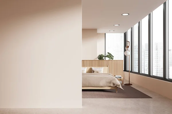 Interieur Eines Modernen Schlafzimmers Mit Beigen Wänden Steinboden Bequemem King — Stockfoto