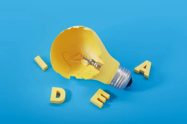 Broken big yellow light bulb, failed plan and idea on blue background. Concept of inspiration lack, burnout, professional failure and unsuccessful project. 3D rendering illustration