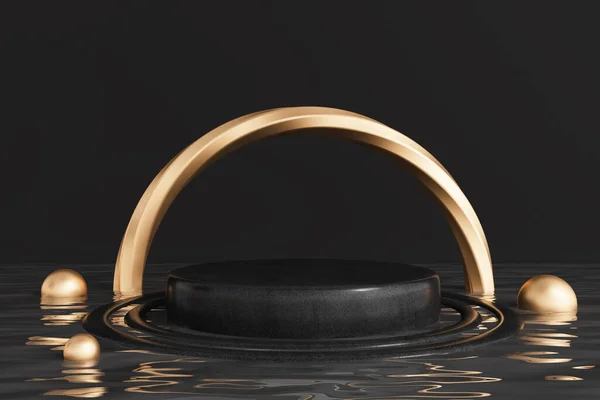 Pohled Černou Kulatou Produktovou Zobrazovací Plošinu Vodě Zlatým Obloukem Nad — Stock fotografie