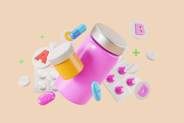 Kleurrijke Medische Potten Mock Pillen Verpakking Vitaminen Pictogrammen Drijvende Set — Stockfoto