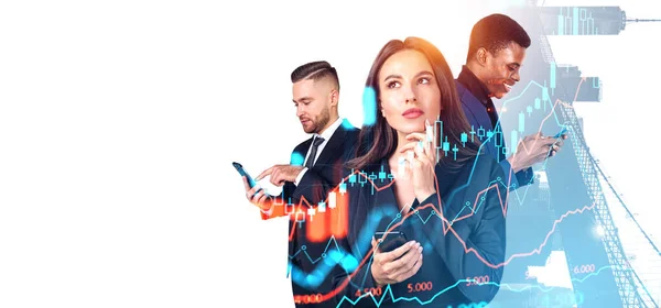 Três Pessoas Negócios Que Trabalham Com Smartphone Dupla Exposição Forex — Fotografia de Stock