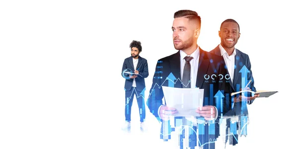 Three businessmen sign and read financial papers, portraits on empty white background. Double exposure of big business data analysis and investment. Concept of marketing research and team