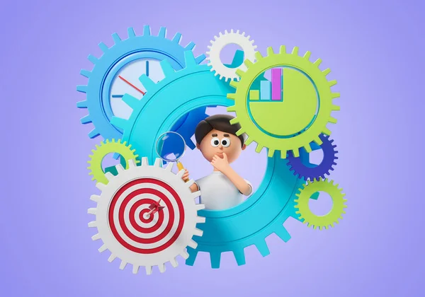 3d rendering. Cartoon character man working with search,business analysis and goal achievement, gears and financial statistics. Concept of optimization and tasks illustration