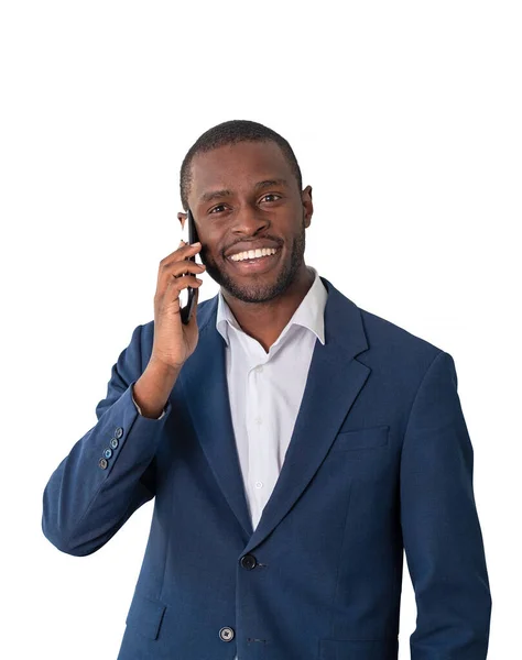 幸せなビジネスマンの電話では 白い背景に隔離された青い正式なスーツを着て呼び出します 成功の概念 良いニュース キャリアと開発 — ストック写真