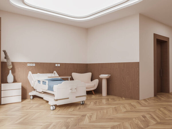 Уютная внутренняя кровать и ящик в частной больничной палате, кресло бокового вида в углу. Комфортное бежевое лечебное место с отделкой и паркетным полом. 3D рендеринг