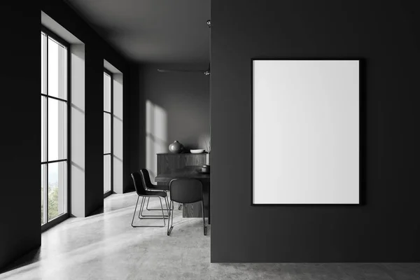现代居家客厅内部有餐桌和椅子 餐具柜在灰色混凝土地板上 乡村的全景窗户 把画布贴在墙面上 3D渲染 — 图库照片