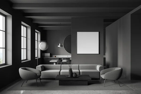 Interior Stylish Living Room Dining Room Gray Walls Comfortable Gray — Stock Photo, Image