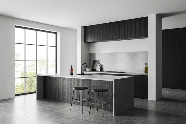 Schwarz Weiße Wohnküche Mit Quarz Bar Insel Seitenansicht Grauer Betonboden — Stockfoto