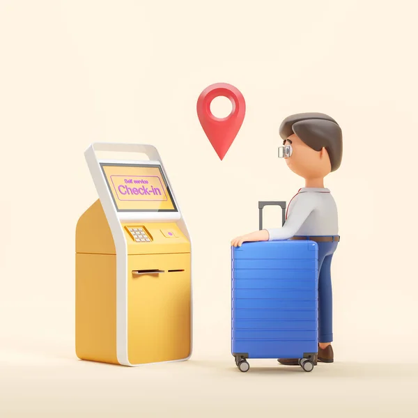 3Dレンダリング チェックインターミナルを使用した手荷物付きの漫画のキャラクターマン 赤い位置のマークを持つセルフサービスのマシン 旅行や目的地のイラストのコンセプト — ストック写真