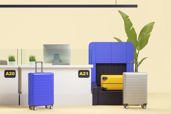 パソコン付きの空港内チェックインデスク コンベア上のスーツケース 登録および手荷物検査 登録の概念 3Dレンダリング図 — ストック写真