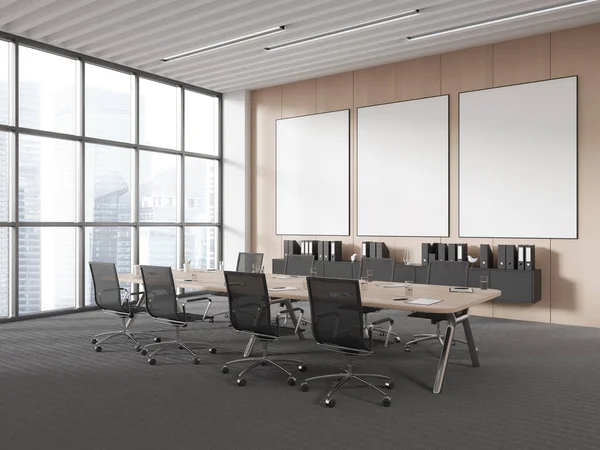 Wooden conference room interior with board, side view office chairs and sideboard with folders. Business meeting corner with panoramic window. Mock up canvas posters in row. 3D rendering