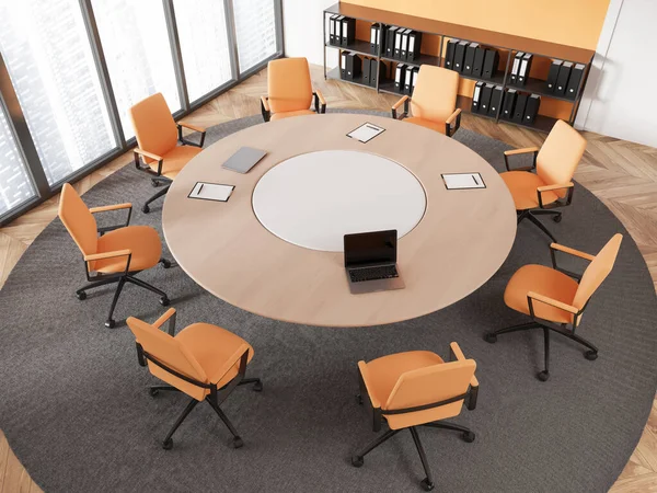 Top View Modern Meeting Room White Orange Walls Wooden Floor — Stock Photo, Image