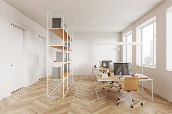 White workplace interior with chairs and pc computer on desk in row, hardwood floor. Shelf with documents, business office room with panoramic window on skyscrapers. 3D rendering