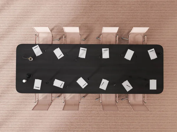 ベージュのアームチェア 黒い木製のミーティングボード上のクリップボード コンクリート床とビジネスルームのインテリアのトップビュー モダンな家具とミニマリストの会議エリア 3Dレンダリング — ストック写真