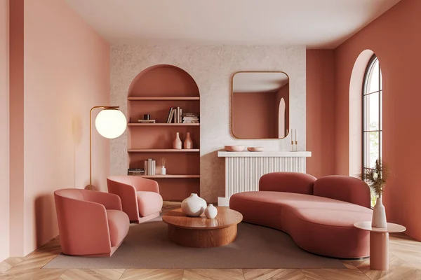 室内装饰有粉红的墙壁 两张舒适的扶手椅 拱形书架 圆形咖啡桌和正方形的镜子 3D渲染 — 图库照片