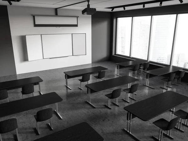Top View Black White Classroom Interior Desk Chairs Row Mock — Stock Photo, Image