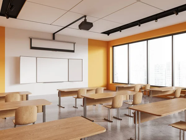 Yellow and white class room interior with desk and chairs in row, side view mock up empty chalkboard and screen with projector on ceiling. Panoramic window on skyscrapers. 3D rendering