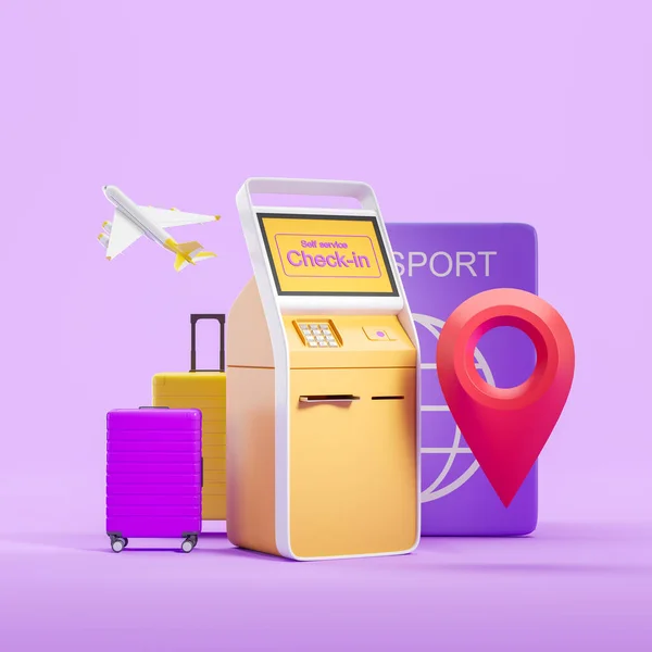 Digital electronic check-in kiosk with suitcase and red location mark, self-service terminal for ticket order and confirmation. Concept of travel and registration. 3D rendering illustration