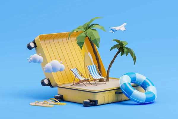 Velký Žlutý Kufr Plážovými Židlemi Palmami Boční Pohled Tropický Ostrov — Stock fotografie