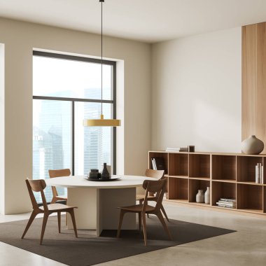 Bej oturma odası, yemek masası, sandalyeler, yan görüş, dekorasyon ve kitaplarla dolu raflar. Singapur gökdelenlerinin panoramik penceresi. Model boş duvar. 3B görüntüleme