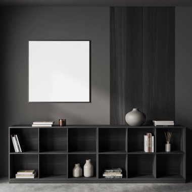 Karanlık oturma odasının ön tarafı boş beyaz poster, raflar, gri duvar, beton zemin, kitaplar ve çanak çömlek ile dolu. Minimalist tasarım kavramı, modern sanat. Model yap. 3d oluşturma