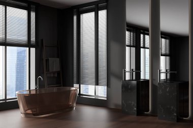 Küvetli karanlık banyo ve çift lavabo uzun ayna, yan görüş, ahşap zemin. Şehir manzarasında merdiveni ve panoramik penceresi olan banyo köşesi. 3B görüntüleme