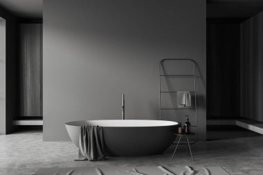 Küvetli karanlık banyo, aksesuarlı tabure, gri beton zeminde havlu korkuluğu. Minimalist banyo alanı. Fotokopi alanı. 3B görüntüleme