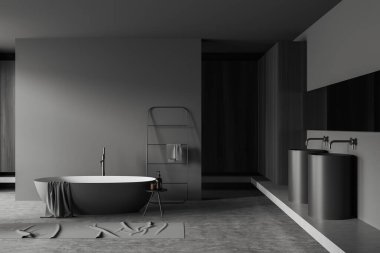 Küvetli karanlık banyo ve aynalı çift lavabo, gri beton zeminde havlu korkuluğu. Havalı otel banyo alanı. Fotokopi alanı. 3B görüntüleme