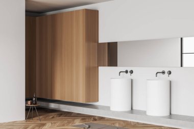 Beyaz banyo içi çift lavabo, ahşap şifonyer, yan manzara, ahşap zemin aksesuarlı tabure. 3B görüntüleme