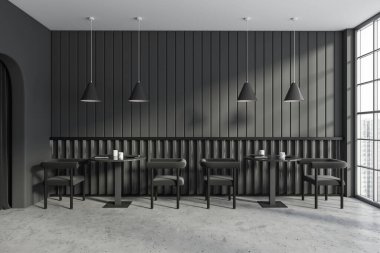 Gri duvarları, panoramik penceresi şehir gökdelen manzaralı, koltuklu masaları, kemeri, beton zemini olan modern karanlık kafe manzarası. Minimalist tasarım kavramı. 3d oluşturma