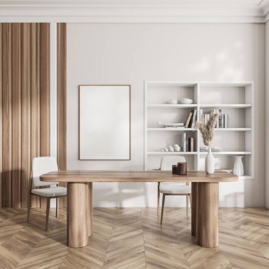 Beyaz toplantı odası içinde ahşap masa ve sandalyeler, kitaplarla dolu raf ve modern dekorasyon, ahşap zemin. Tuvalin posterini hazırla. 3B görüntüleme