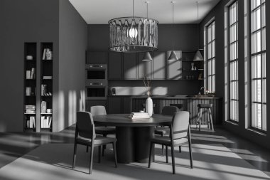 Karanlık mutfak odasının önü yemek masası, gri duvar, panoramik pencere, fırın, koltuklar, kitaplı raflar, gaz ocağı, ada, bar taburesi. Minimalist tasarım kavramı. 3d oluşturma