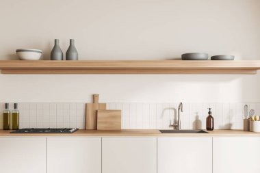 Parlak mutfak odasının önü dolap, beyaz duvar, raflar, gaz ocağı, yemek envanteri, lavabo, masalar, sıvı sabun. Minimalist tasarım kavramı. 3d oluşturma