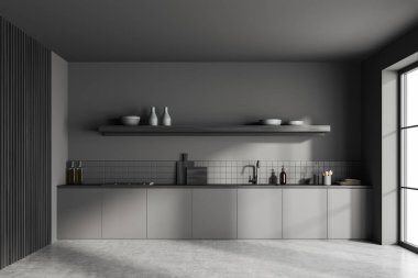 Karanlık mutfak odasının önü panoramik pencere, dolap, beton zemin, bölme, gri duvar, raflar, gaz ocağı, yemek pişirme envanteri. Minimalist tasarım kavramı. 3d oluşturma