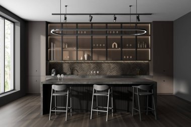Modern karanlık mutfak odasının önü bar taburesi, panoramik pencere, sandalyeler, kahverengi duvarlar, ahşap zemin, dolaplar, çanak çömlek, lamba ile kaplı. Minimalist tasarım kavramı. 3d oluşturma