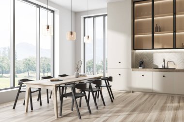 Beyaz mutfak masası, sandalyeler, yan görüş, yemek pişirme alanı ve ahşap zemin. Kırsal alanda panoramik pencere. 3B görüntüleme