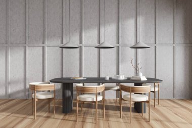 Oturma odasının içinde yemek masası ve ahşap zeminde sandalyeler var. Dekorasyonu ve yemekleri olan şık bir oturma odası. 3B görüntüleme