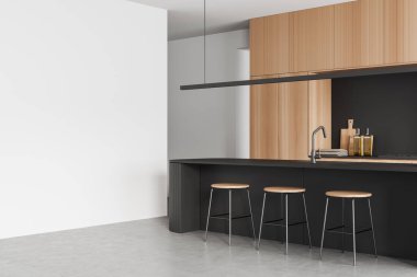 Beyaz mutfak, bar adası ve gri beton zemin taburesi. Mutfak gereçleri ve yan manzaralı yemek köşesi. Kopya uzay duvarı. 3B görüntüleme