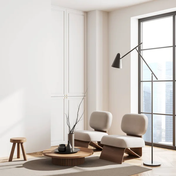 White living room interior with two armchairs, side view, stool and coffee table on carpet. Modern relax corner with panoramic window on skyscrapers. 3D rendering