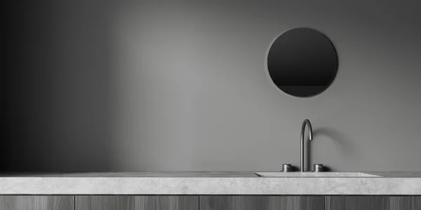Σκούρο Εσωτερικό Μπάνιο Νεροχύτη Και Στρογγυλό Καθρέφτη Minimalist Κολυμβητική Περιοχή — Φωτογραφία Αρχείου