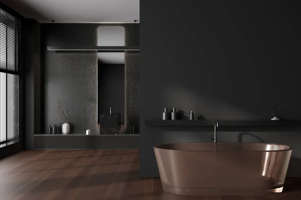 黑暗浴室内部与浴缸 水槽和甲板与配件 浴区与硬木地板 模拟复制空间墙 3D渲染 — 图库照片
