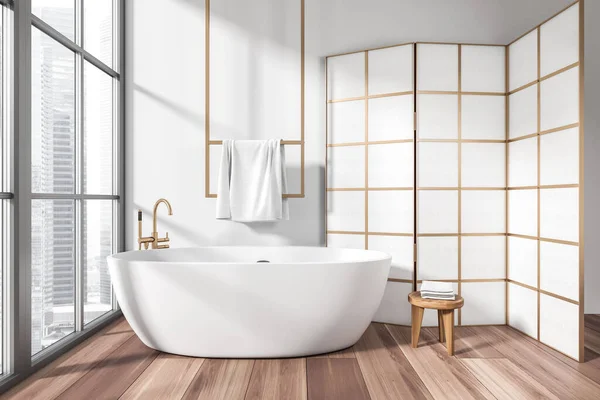 White Bathroom Interior Bathtub Stool Accessories Towel Rail Partition Panoramic — Stock Photo, Image