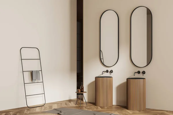 Corner view on bright bathroom interior with two mirrors, sinks, white walls, oak wooden hardwood floor, carpet, towel, stool, liquid soap. 3d rendering