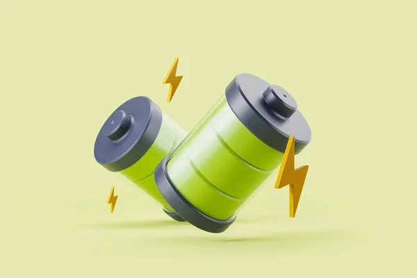 Dvě Baterie Zelenou Kontrolkou Světle Zeleném Pozadí Blesky Koncept Plného — Stock fotografie
